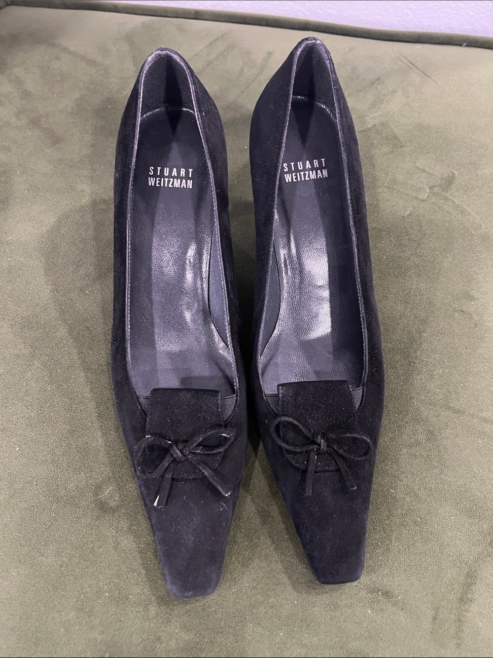 Stuart Weitzman Black Suede Pointed Toe Flats with Bow